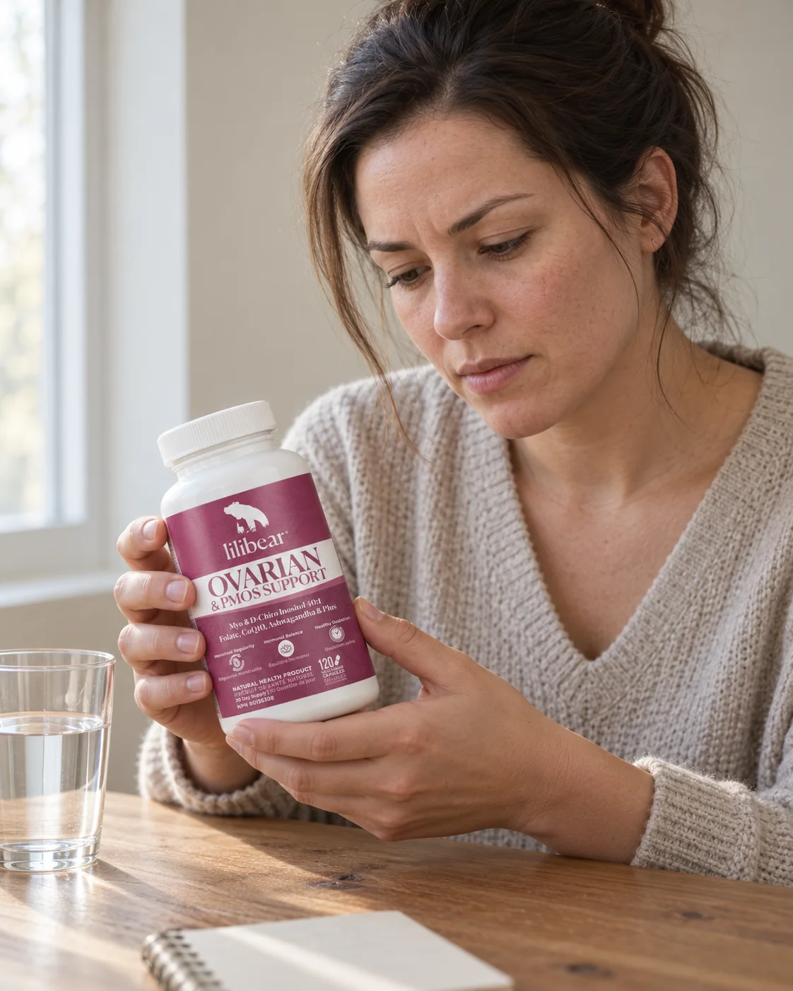 Woman closely reading the LiliBear® Ovarian & PMOS Support label, considering her options.