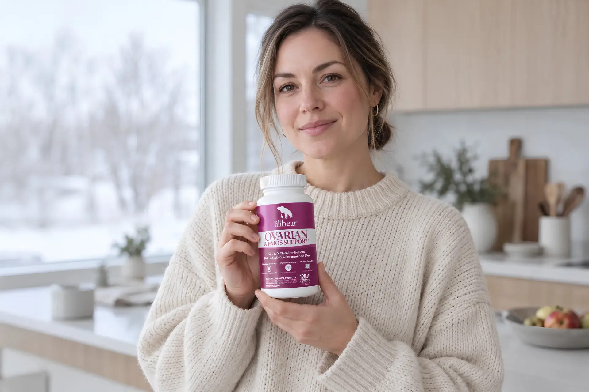 Woman holding a bottle of Lilibear Ovarian & PMOS Support in a bright Canadian kitchen.