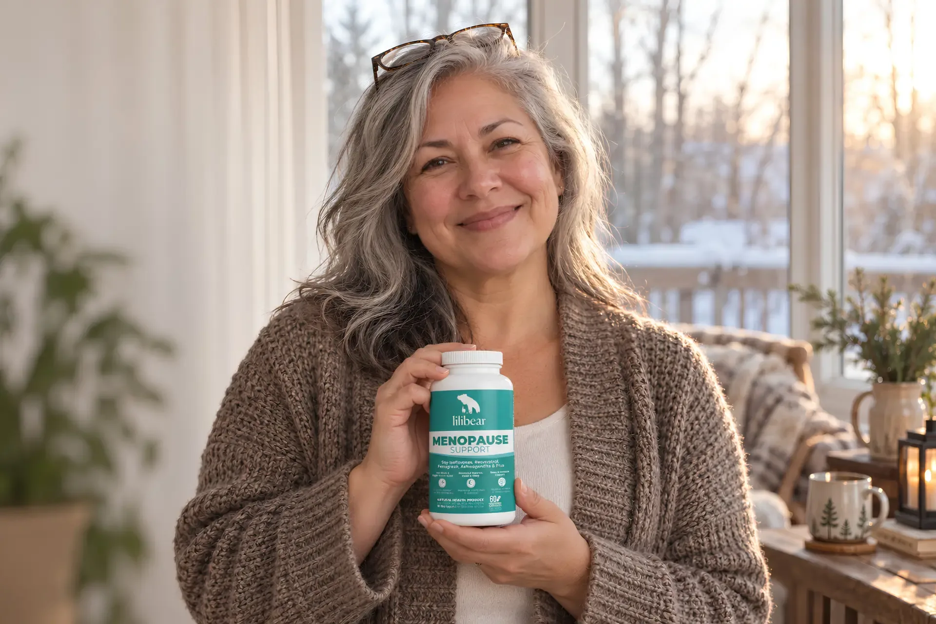 Woman holding a bottle of Lilibear Menopause Support by a sunlit window at home in winter.