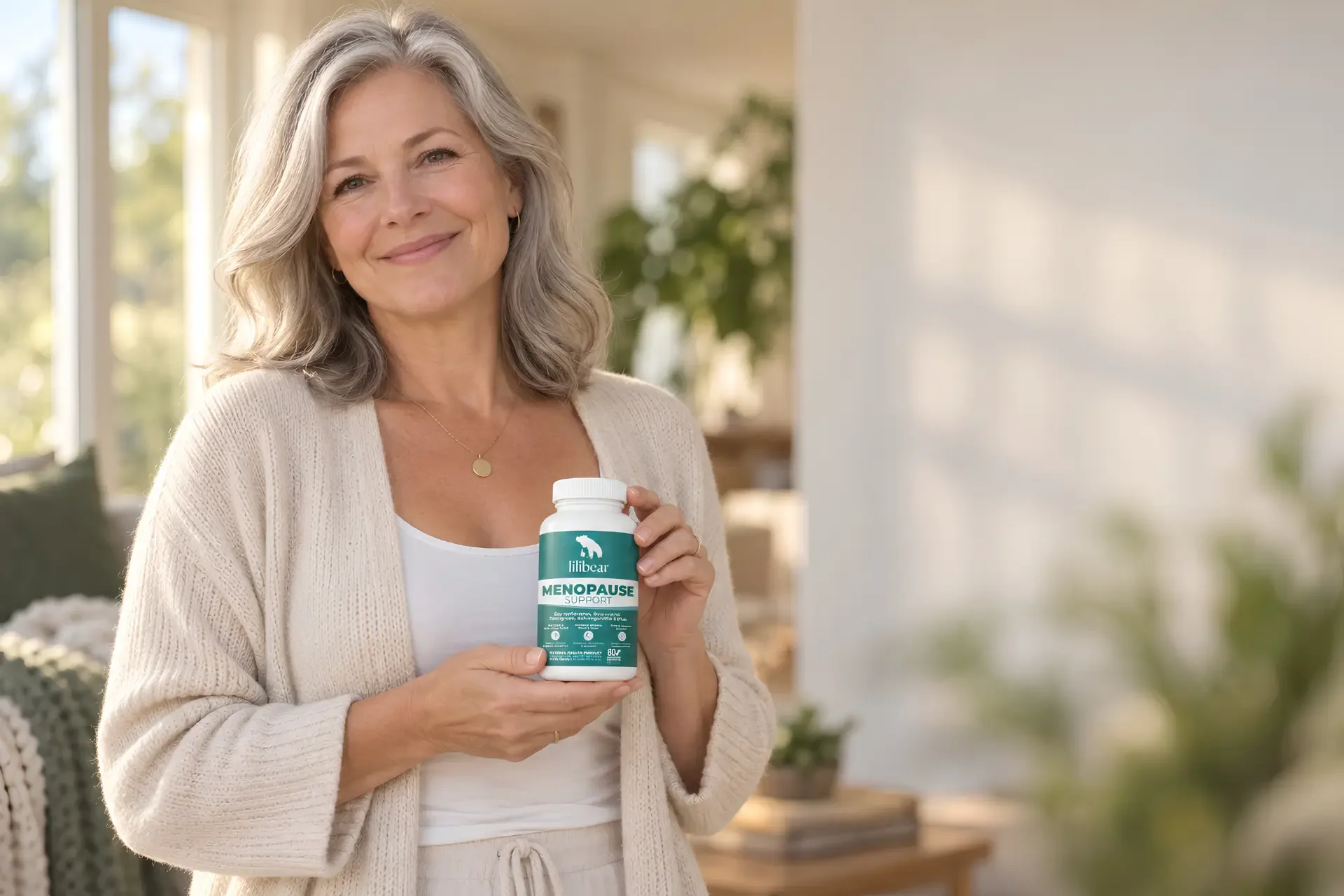 Woman holding LiliBear® Menopause Support supplement bottle