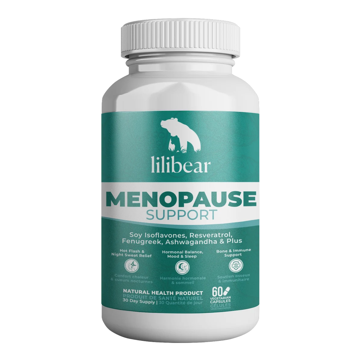 LiliBear® Menopause Support bottle with teal label, soy isoflavones, resveratrol, fenugreek and ashwagandha, 60 vegetarian capsules