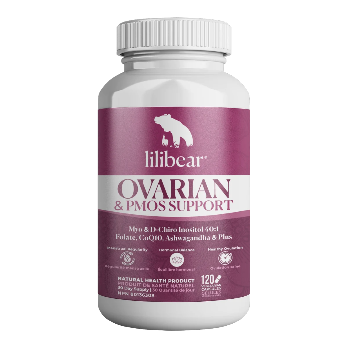 LiliBear® Ovarian & PMOS Support bottle with magenta label, Myo & D-Chiro Inositol 40:1 with folate, CoQ10 and ashwagandha, 120 vegetarian capsules, NPN 80136308